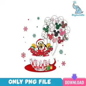 disneychristmaspng_84.png Disney Pluto in red Santa suit holding balloons in Christmas teacup with Merry Christmas banner