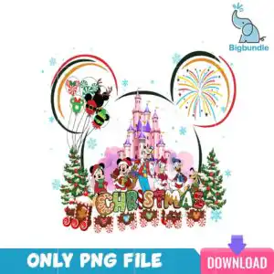 Christmas celebration clip art with pink fairy-tale castle inside mouse-head frame and cartoon friends in Santa hats