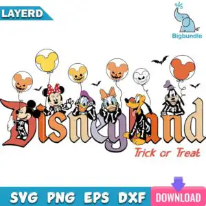 Cartoon of six animals in skeleton costumes with mouse-head balloons under Disneyland Trick or Treat gothic wordmark