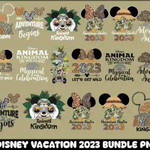 disneyvacationbundlepng4.99.jpg Disney Animal Kingdom 2023 vacation sheet with Mickey ears, safari animals and Adventure Awaits lettering on khaki olive