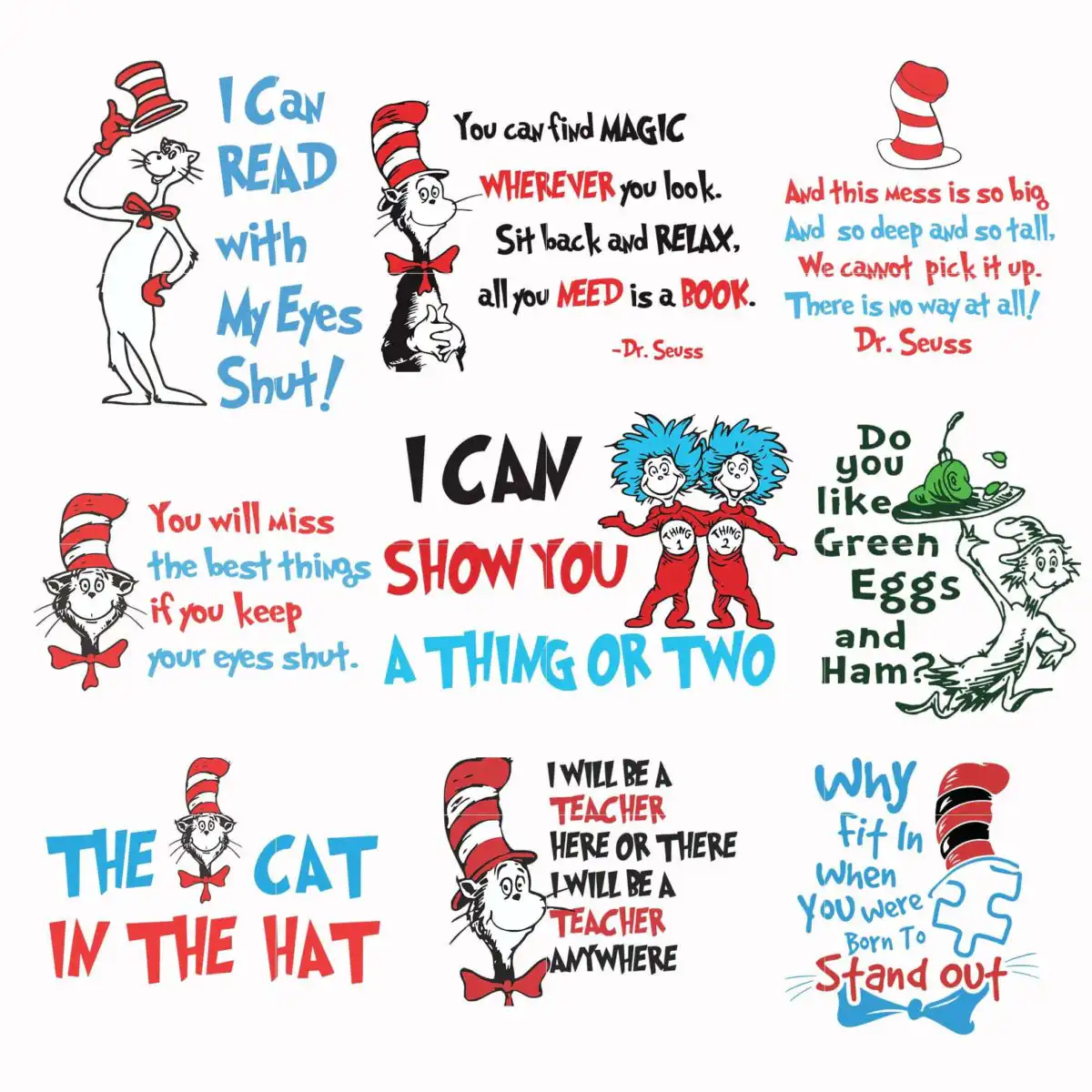 Dr seuss bundle svg, dr seuss svg, dr seuss quotes svg, png, dxf, eps digital file