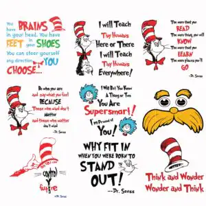 Whimsical Dr Seuss inspired motivational quote designs with Cat in the Hat graphics