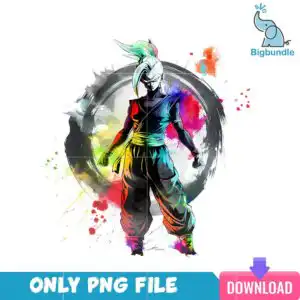 dragonball_1.png Standing male figure with white spiky ponytail tipped in teal, yellow sash and clenched fists inside a brush ring