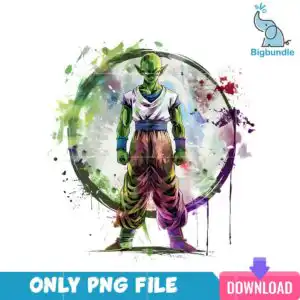 dragonball_15.png Green-skinned Piccolo figure with pointed ears and blue sash in front of a light blue watercolor splash circle