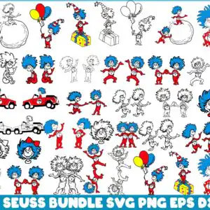 Thing 1 and Thing 2 blue-haired twins in red jumpsuits clipart preview
