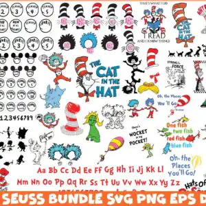 drseussbundle5.jpg Collage preview showing Cat in the Hat with red striped hat, Thing 1 and Thing 2, Horton, Grinch and ABC lettering