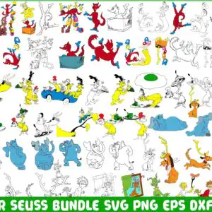 drseussbundle9.jpg Preview sheet of Dr Seuss characters clip art bundle showing Cat in the Hat, Grinch, Thing 1 and 2 and Horton