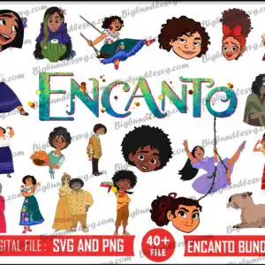 Teal and gold Encanto characters cut file with Mirabel, Bruno, Abuela Alma, the ENCANTO logo and a capybara