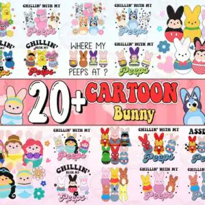 eastercartoonpng.jpg Collage preview of cartoon bunny Peeps mashups with colorful marshmallow bunnies and bubble lettering