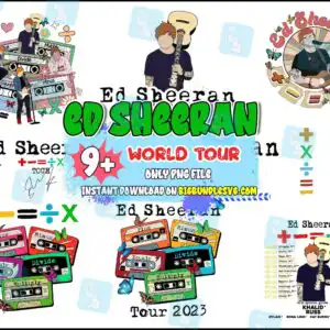 edsheeranworldtour1.jpg Collage of Ed Sheeran World Tour graphics with cartoon guitar figure, cassettes and math symbols in green blue red
