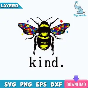Bumblebee with puzzle-pattern wings and kind. text in black yellow red blue purple