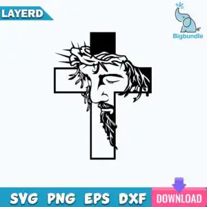 Black silhouette of Jesus Christ face with crown of thorns overlaid on cross