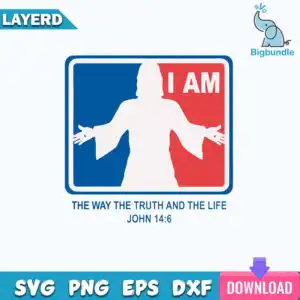 White silhouette of Jesus with arms outstretched inside blue and red badge that says I AM