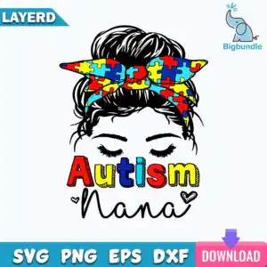 funnyquotes_102.jpg Messy bun woman with eyes closed wearing autism puzzle bandana that says Autism Nana