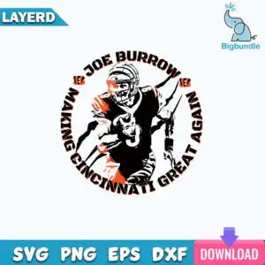 Circular black and Bengals orange badge with Joe Burrow quarterback holding ball and text border