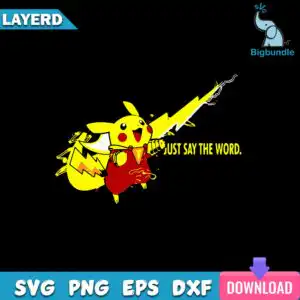 Yellow electric mouse cartoon in red superhero costume holding large lightning bolt with JUST SAY THE WORD text