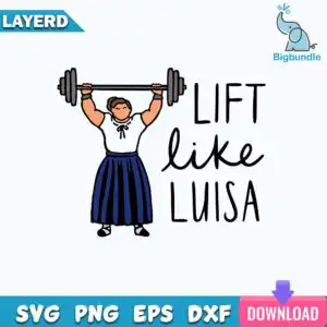 Illustrated quote of woman overhead lifting barbell with Lift like Luisa text, white blouse with bow