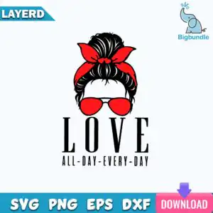 funnyquotes_1173.jpg Messy bun mom head silhouette with red bandana bow and sunglasses and LOVE text