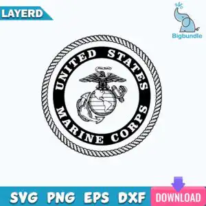 Monochrome United States Marine Corps seal emblem with Eagle Globe and Anchor and rope border