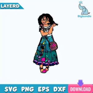 Cartoon girl with curly black hair, round glasses and teal layered skirt with floral embroidery