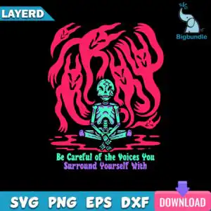 funnyquotes_130.jpg Illustrated graphic of skeleton meditating in lotus with five pink demons and quote lettering