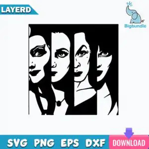 Layered stencil portrait of four stylized women's faces in vertical split panels in black and white