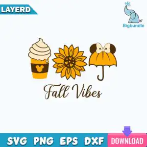 Layered clip art with Fall Vibes text, coffee cup with whipped cream, sunflower and umbrella in kawaii style