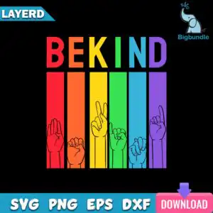 Be Kind sign language graphic with BE KIND text and ASL hand signs over rainbow stripes on black