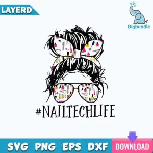 funnyquotes_1354.jpg Illustration of woman with messy bun, bow headband and sunglasses filled with nail polish bottles pattern and #NAILTECHLIFE