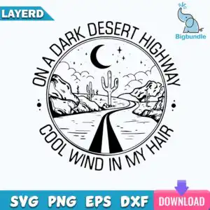 funnyquotes_1443.jpg Circular badge illustration with night desert highway, saguaro cactus, mountains and crescent moon and quote text