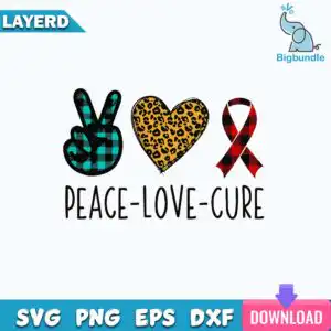 funnyquotes_1478.jpg Peace Love Cure slogan graphic with a peace-sign hand, a leopard-print heart and a teal awareness ribbon