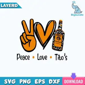 Peace hand sign, orange heart and leopard-neck bottle with Peace, Love, Tito's lettering in black