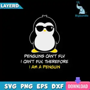 Cartoon penguin in black sunglasses with a yellow beak and feet, beside the quote Penguins Can't Fly on a dark background.