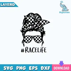 Black silhouette of a woman with a messy bun, checkered headband and checkered sunglasses, with #RACELIFE lettering below