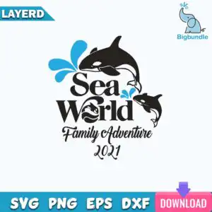 Black and bright blue Sea World Family Adventure logo with two orca whales jumping