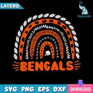 Boho rainbow Bengals football design with BENGALS bubbly lettering, footballs and helmet in orange black white