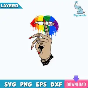 Stylized pair of lips with rainbow stripes and paint drips, a tan hand making a shh gesture with red nails