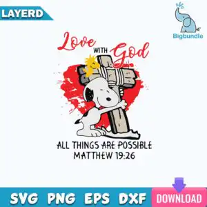 funnyquotes_1723.jpg Cartoon dog hugging a wooden cross with a yellow bird on the crossbar, over a red brushstroke heart with God Is Love
