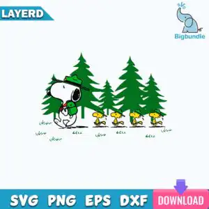 Cartoon dog scout leader with backpack and bird scouts hiking through pine forest