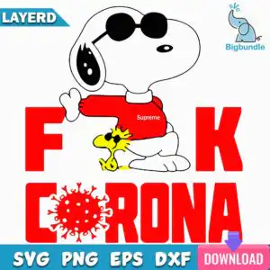 Cartoon beagle in red sweatshirt and black sunglasses with small yellow bird and bold F K CORONA text with red virus icon