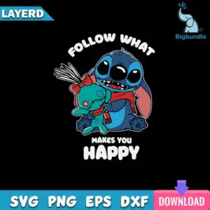 funnyquotes_1796.jpg Blue cartoon creature with big eyes and a toothy grin hugging a teal plush doll, above the words FOLLOW WHAT MAKES YOU HAPPY