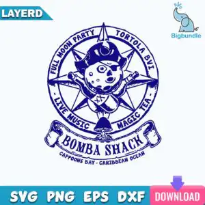 Navy blue and white vintage badge logo with pirate full moon character wearing eye patch and tricorn hat
