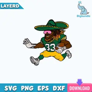 Cartoon American football player wearing green sombrero and pink sunglasses holding football