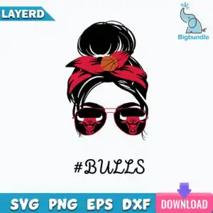 funnyquotes_226.jpg Messy bun mom face with red bandana bow, basketball and sunglasses with bull head logo and #BULLS text