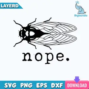 Black minimal silhouette cicada insect with typewriter text nope on white background