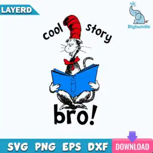 Anthropomorphic cat in tall red striped hat and bow tie reading blue book with cool story bro lettering