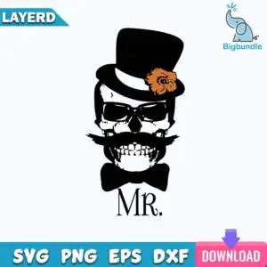 funnyquotes_330.jpg Black and white skull wearing tall top hat with orange flower, sunglasses, handlebar mustache and bow tie saying Mr.