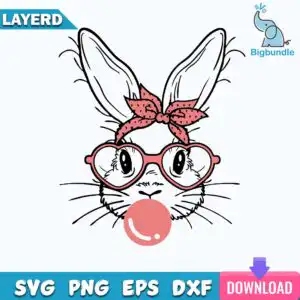 Hand-drawn bunny rabbit face wearing heart-shaped glasses and bandana bow blowing bubblegum bubble