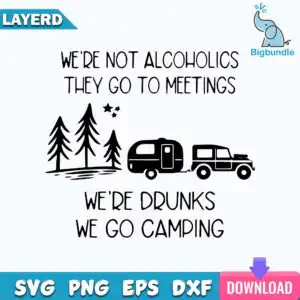 Black silhouette of jeep towing caravan with pine trees and funny camping quote