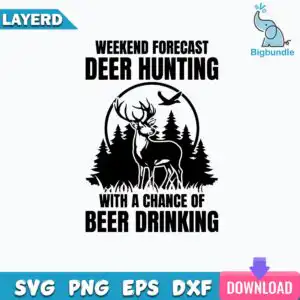 funnyquotes_374.jpg Black silhouette graphic with buck deer, pine trees and Weekend Forecast Deer Hunting text inside circular frame